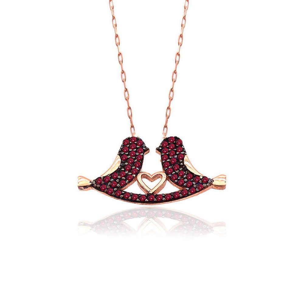 Ruby Taş Çifte Kumru Gümüş Kolye