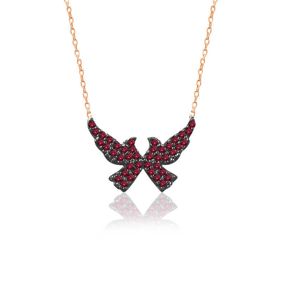 Ruby Taş Uçan İkili Kuş Gümüş Kolye