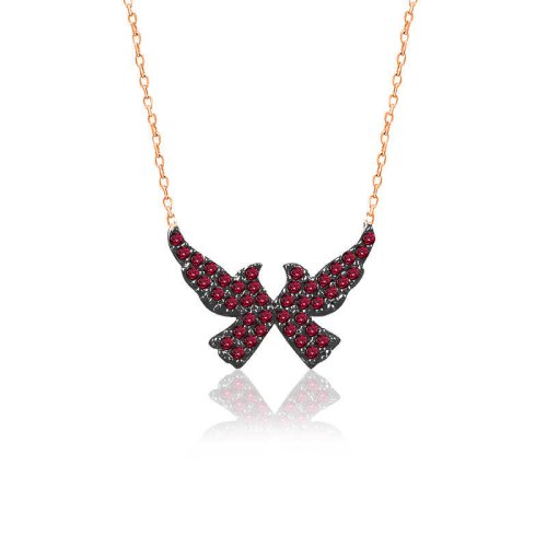 Ruby Taş Uçan İkili Kuş Gümüş Kolye