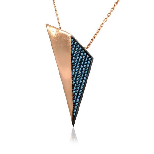 Aqua Taşlı Tasarım Üçgen Gümüş Kolye