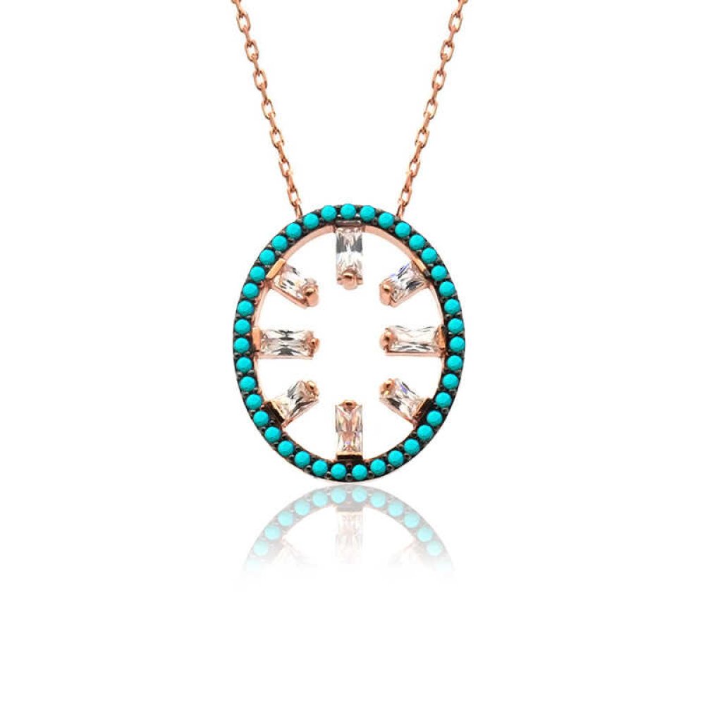 Bagetli Turkuaz Oval Gümüş Kolye