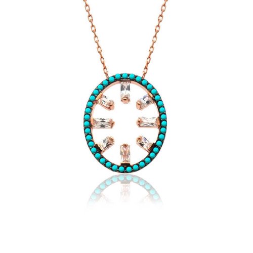 Bagetli Turkuaz Oval Gümüş Kolye