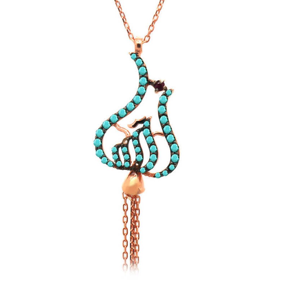 Turkuaz Püsküllü Allah Yazılı Gümüş Kolye