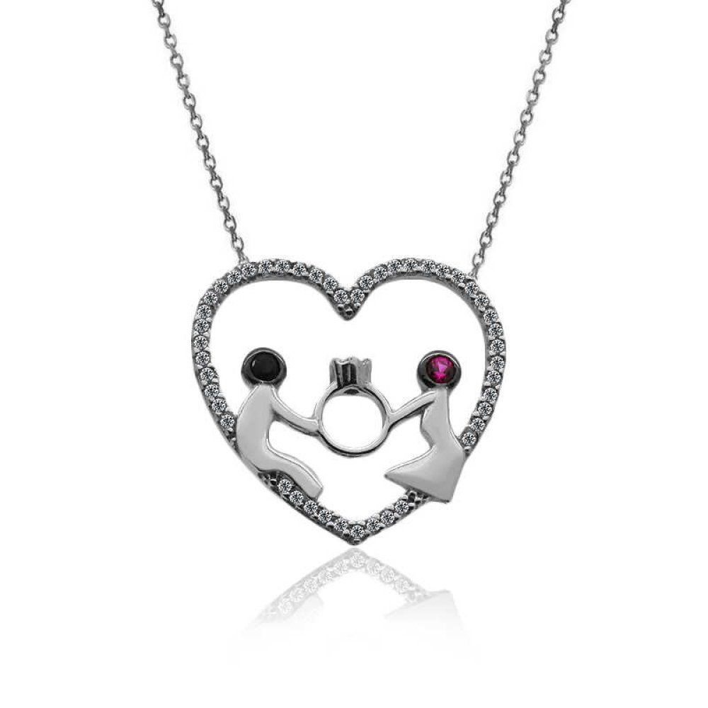 Kalp İçinde Yüzük Tutan Sevgililer Gümüş Kolye