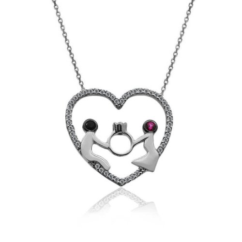 Kalp İçinde Yüzük Tutan Sevgililer Gümüş Kolye