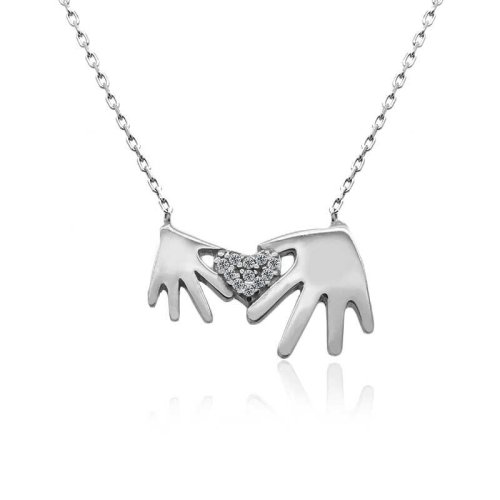 Taşlı Kalp Tutan Eller Gümüş Kolye
