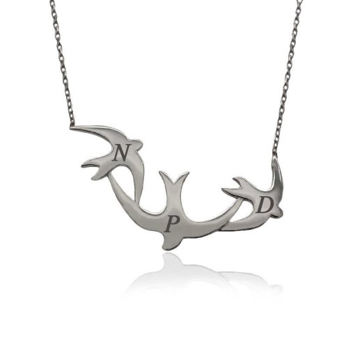 Kişiye Özel Harfli Üçlü Kırlangıç Gümüş Kolye