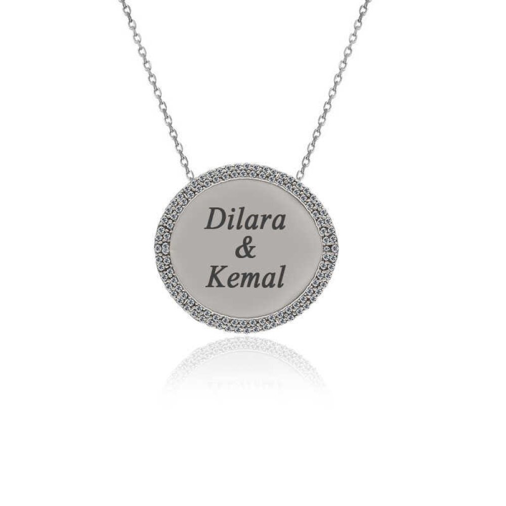 Kişiye Özel İsimli Taşlı Plaka Gümüş Kolye