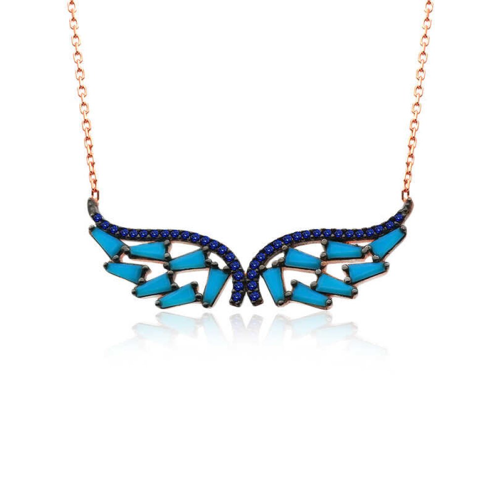 Safir Taşlı Trapez Melek Kanadı Gümüş Kolye