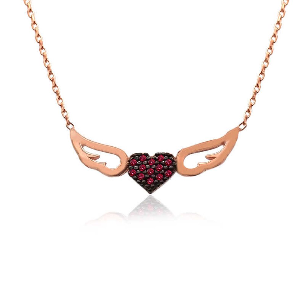 Ruby Taş Kalpli Melek Kanadı Gümüş Kolye