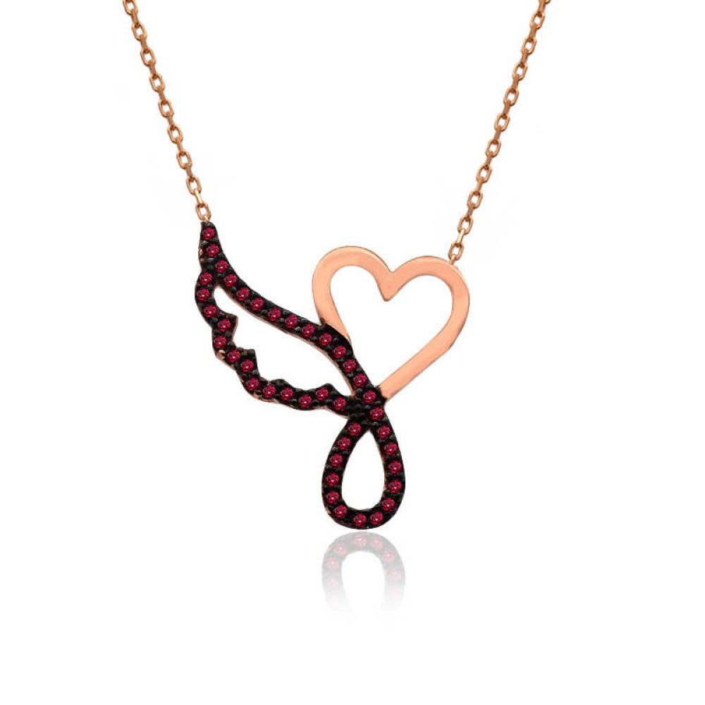 Ruby Taş Kalp Tek Melek Kanadı Gümüş Kolye