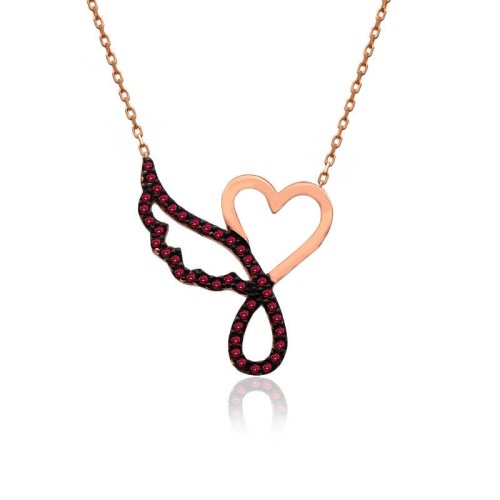 Ruby Taş Kalp Tek Melek Kanadı Gümüş Kolye