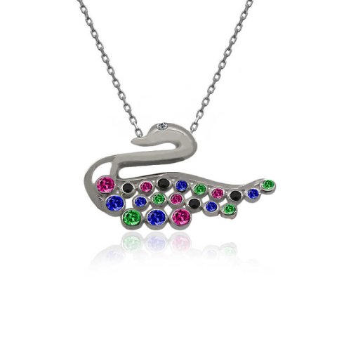 Renkli Taşlı Kuğu Gümüş Kolye