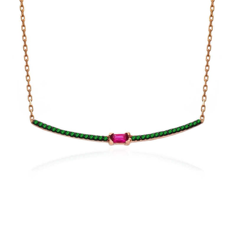 Baget Ruby Taşlı Yatay Çubuk Gümüş Kolye