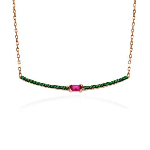 Baget Ruby Taşlı Yatay Çubuk Gümüş Kolye