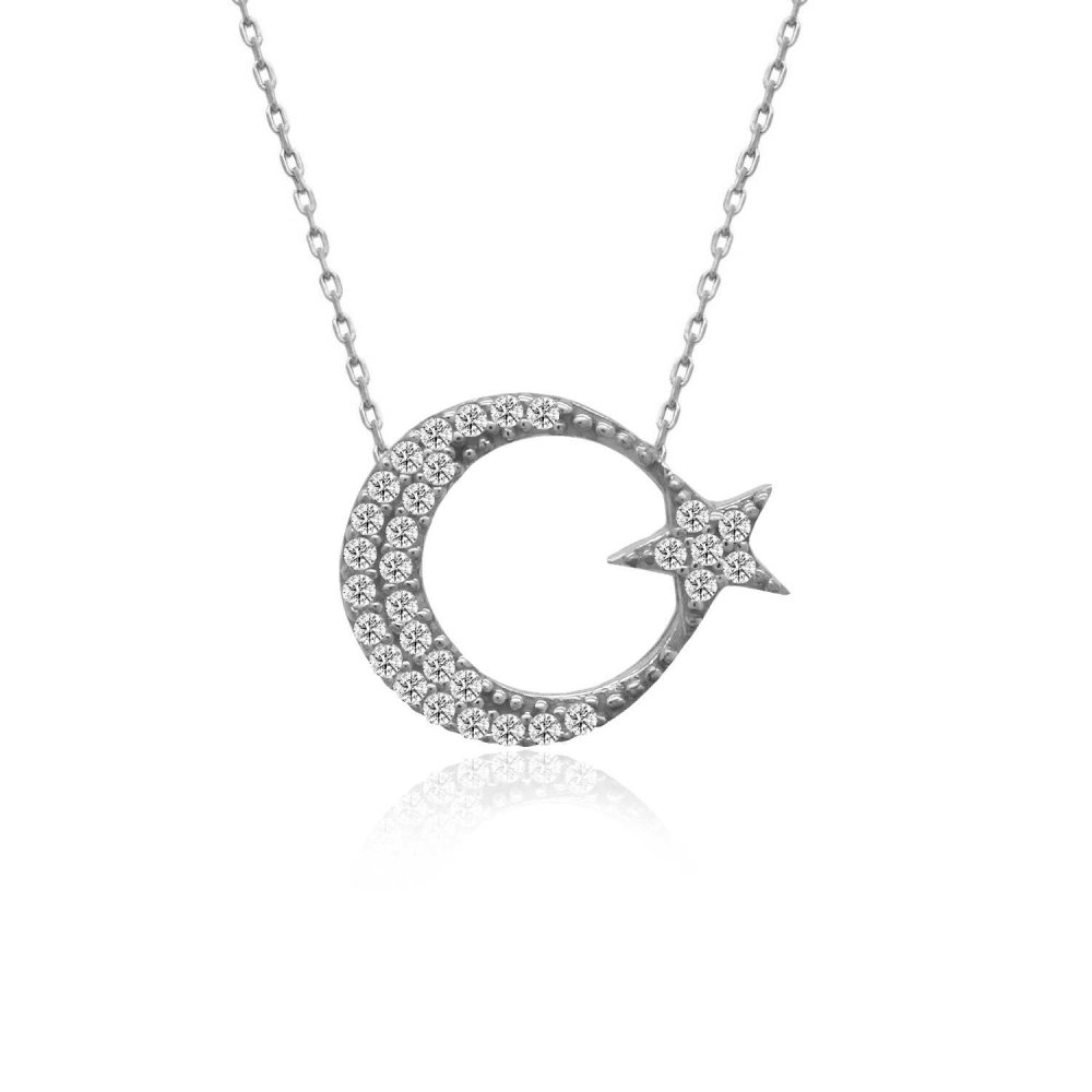 Beyaz Ay Yıldız Gümüş Kolye