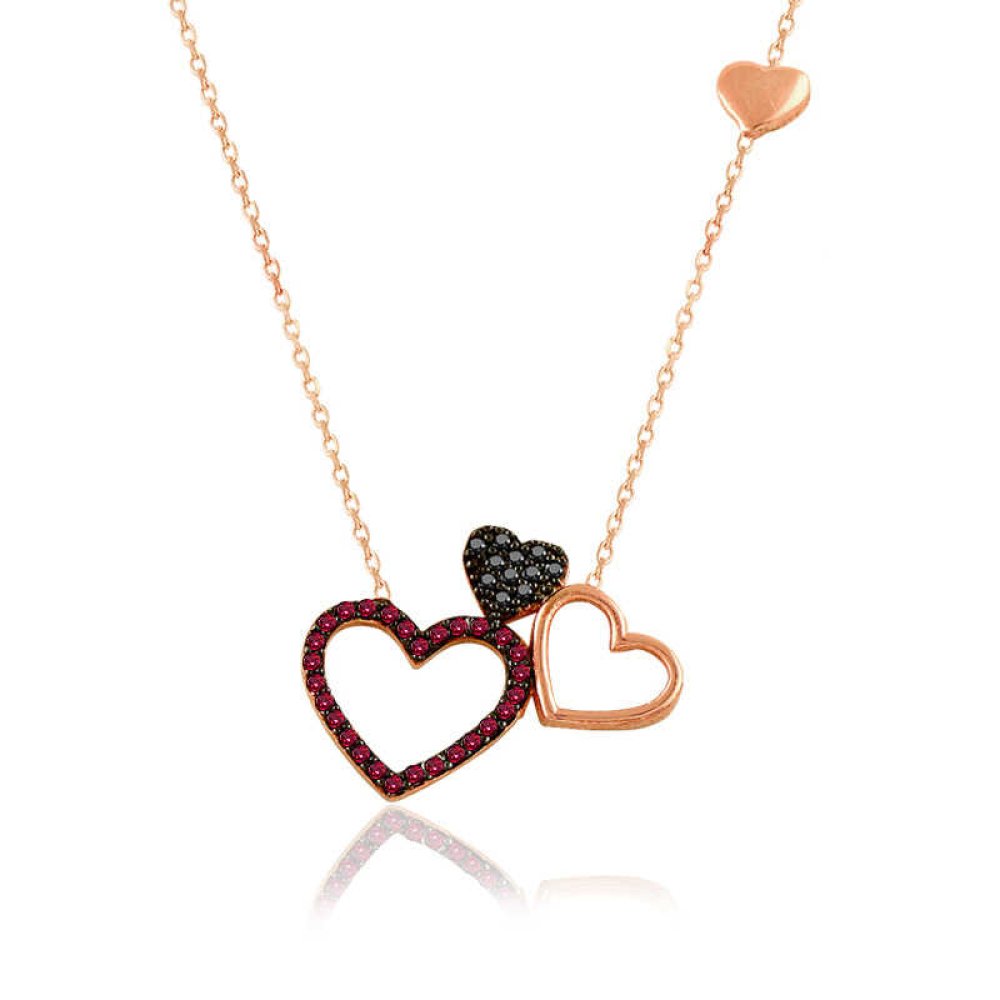 Ruby Taş Üçlü Kalp Gümüş Kolye