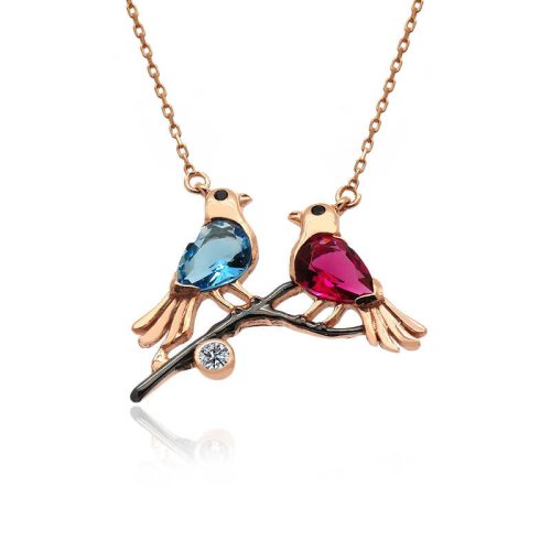 Renkli Aşk Kuşları Gümüş Kolye