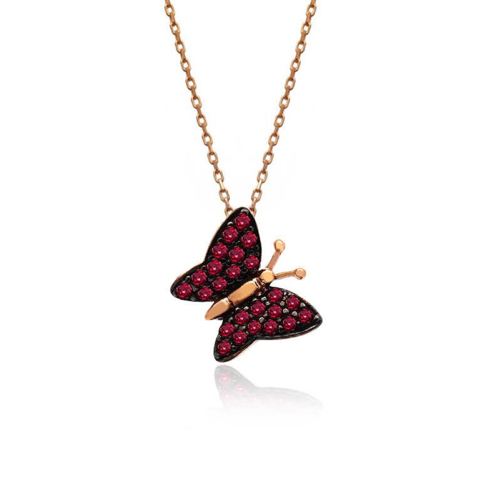Ruby Taş Kelebek Gümüş Kolye