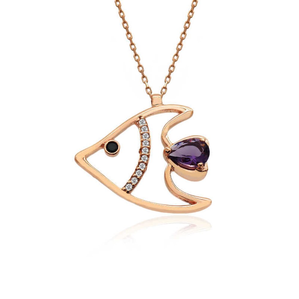 Ametist Damla Taşlı Balık Gümüş Kolye