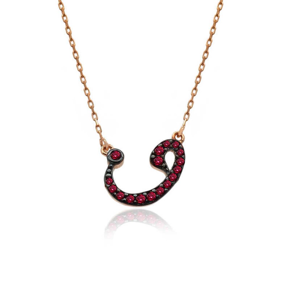 Ruby Taşlı Küçük Vav Gümüş Kolye