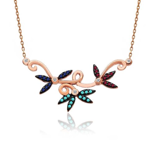 Karışık Renkli Çiçekler Gümüş Kolye