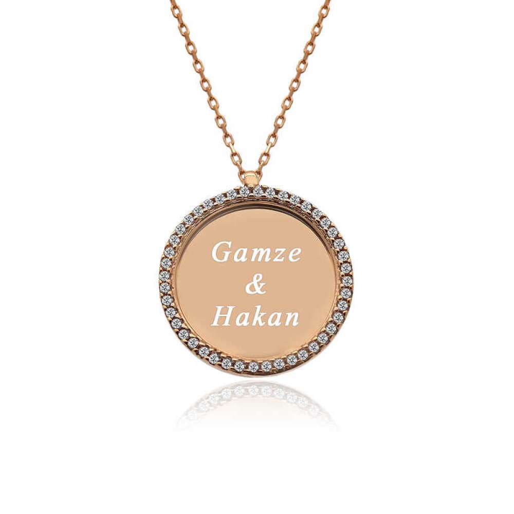 İsimli Taşlı Yuvarlak Plaka Gümüş Kolye