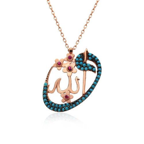 Turkuaz Vavlı Allah Yazılı Gümüş Kolye