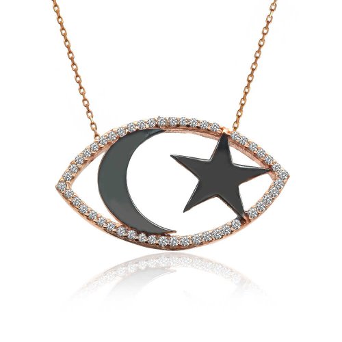 Taşlı Siyah Ay Yıldız Gümüş Kolye