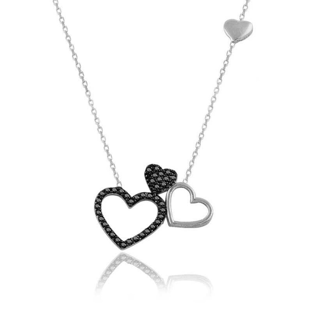 Siyah Üçlü Kalp Beyaz Gümüş Kolye