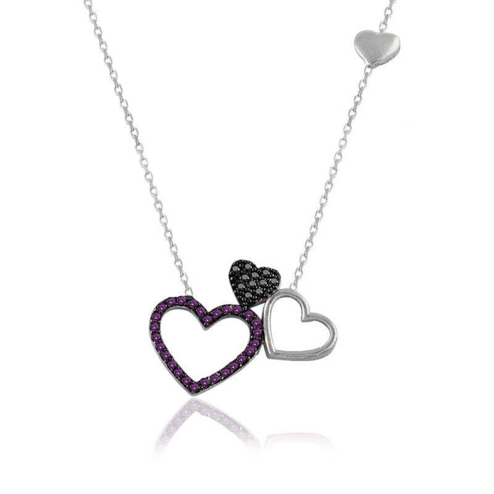 Ametist Taş Beyaz Üçlü Kalp Gümüş Kolye