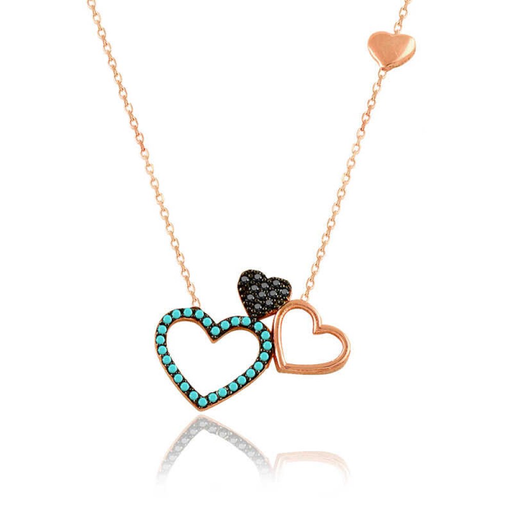 Turkuaz Üçlü Kalp Gümüş Kolye