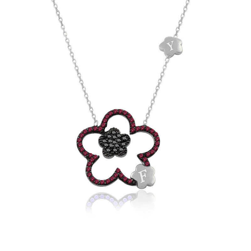 Ruby Taş Kişiye Özel Harfli Çiçek Beyaz Gümüş Kolye