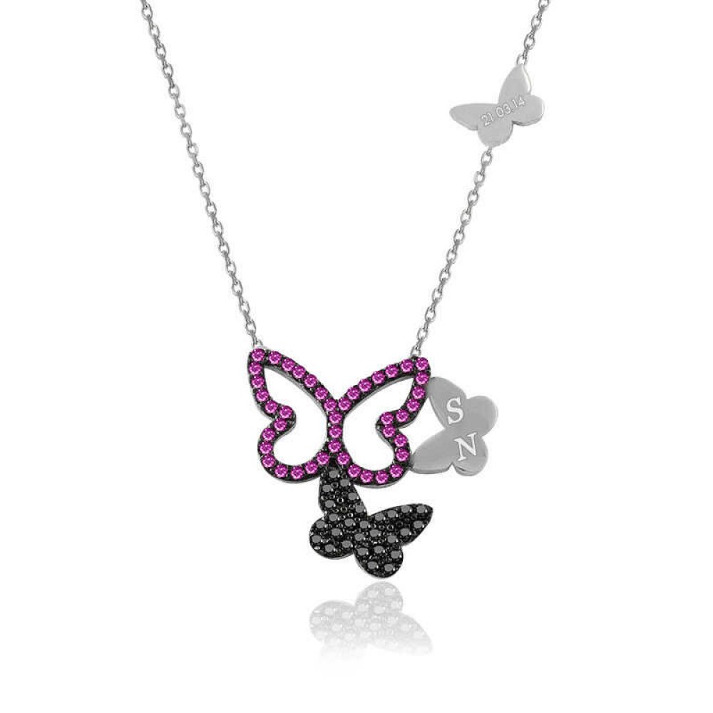 Kişiye Özel Harfli Ruby Üçlü Kelebek Beyaz Gümüş Kolye
