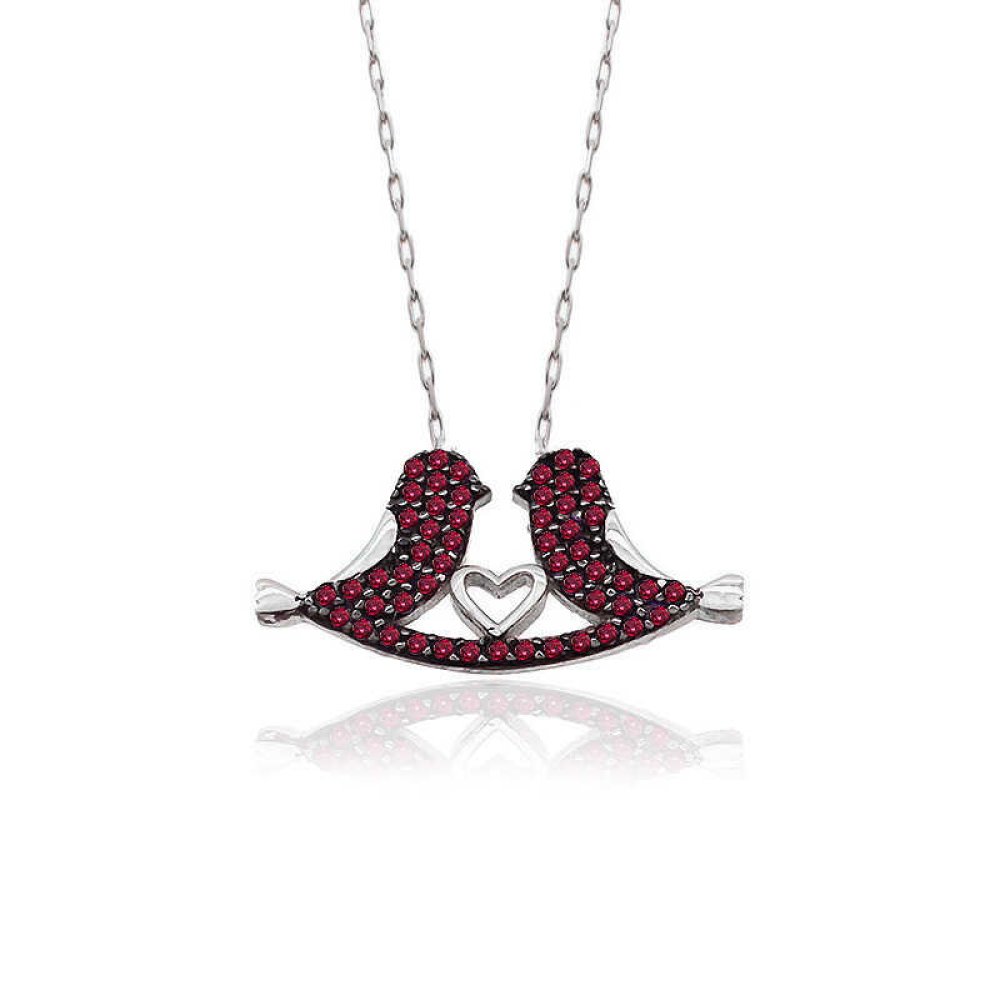 Ruby Taş Çifte Kumru Beyaz Gümüş Kolye