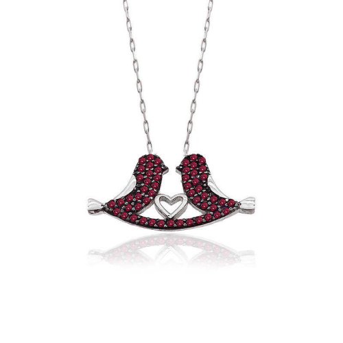 Ruby Taş Çifte Kumru Beyaz Gümüş Kolye