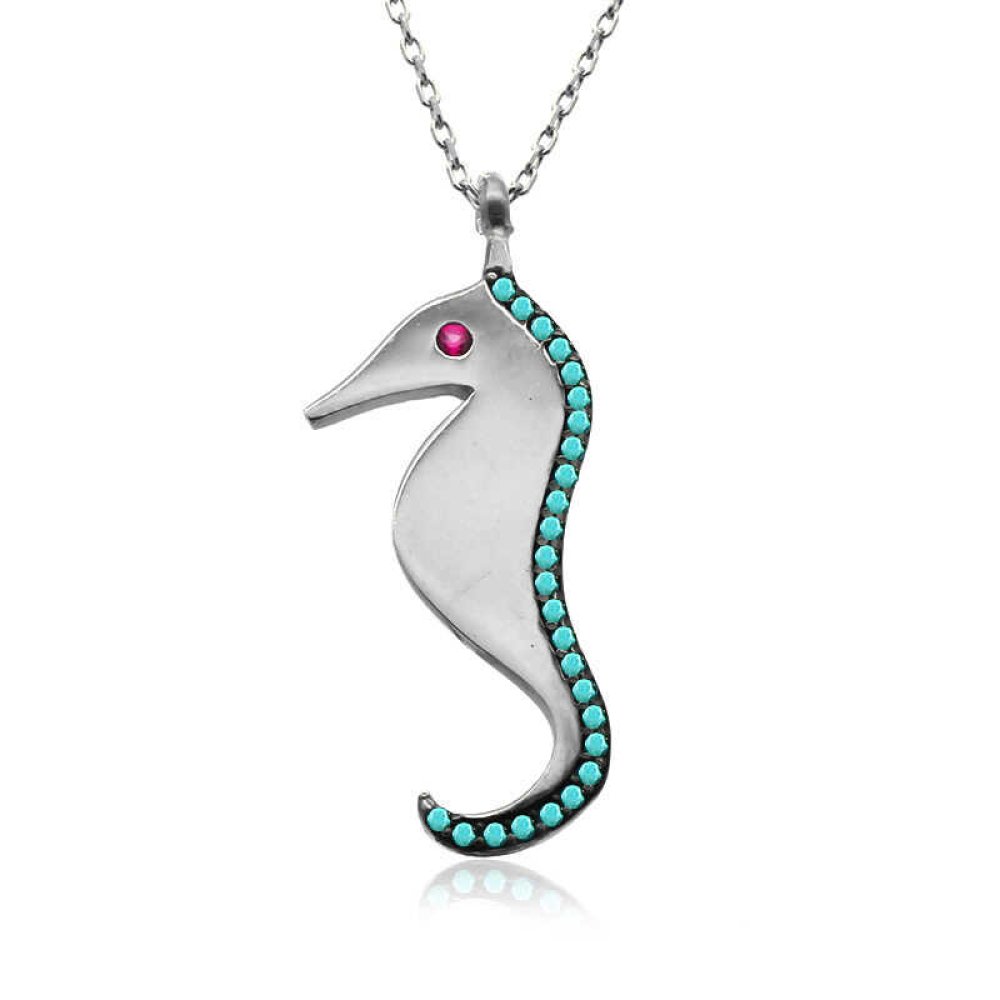 Beyaz Parlak Yüzey Deniz Atı Gümüş Kolye