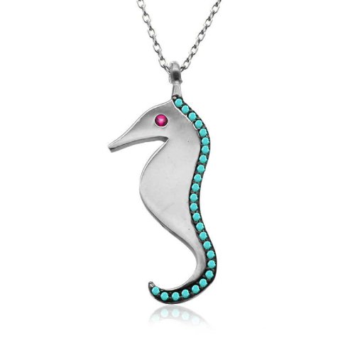 Beyaz Parlak Yüzey Deniz Atı Gümüş Kolye