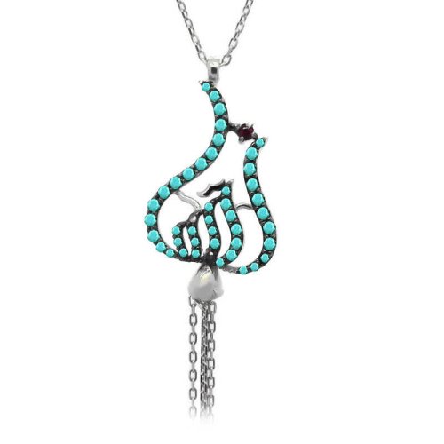 Turkuaz Beyaz Püsküllü Allah Yazılı Gümüş Kolye