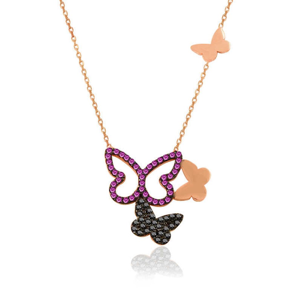 Ruby Taş Üçlü Kelebek Gümüş Kolye