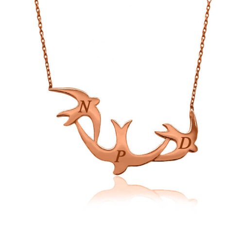 Rose Kişiye Özel Harfli Üçlü Kırlangıç Gümüş Kolye