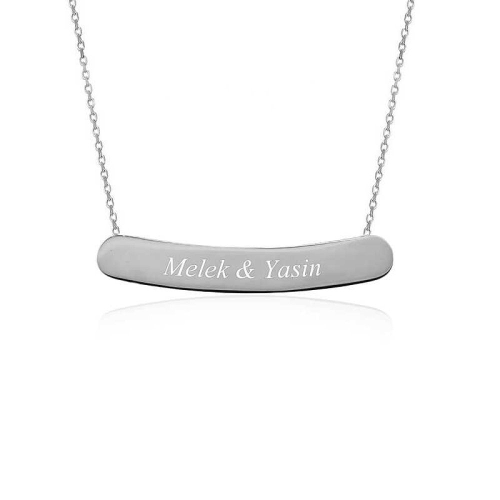 Beyaz Kişiye Özel İsimli Yatay Plaka Gümüş Kolye