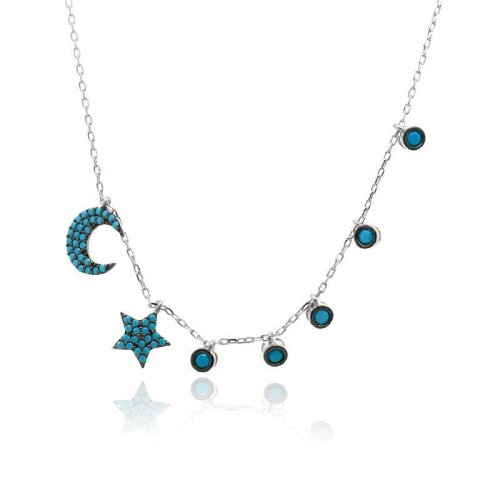Turkuaz Ay Yıldız Beyaz Gümüş Şans Kolye