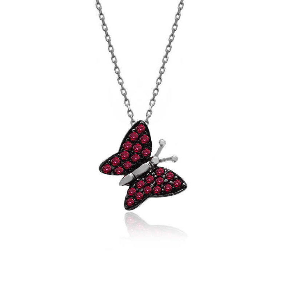 Ruby Taş Beyaz Kelebek Gümüş Kolye