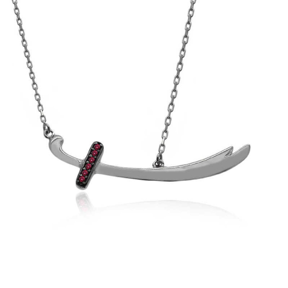 Ruby Taş Beyaz Parlak Kılıç Zülfikar Gümüş Kolye