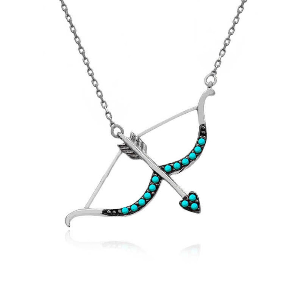 Turkuaz Taş Beyaz Ok Yay Gümüş Kolye