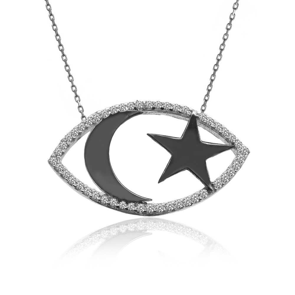 Taşlı Siyah Ay Yıldız Beyaz Gümüş Kolye