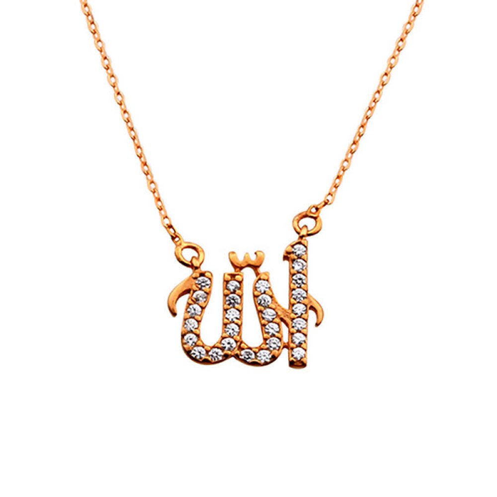 Beyaz Zirkon Taşlı Allah Yazısı Gümüş Kolye