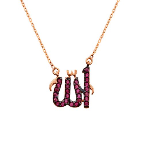Fuşya Zirkon Taşlı Allah Yazısı Gümüş Kolye