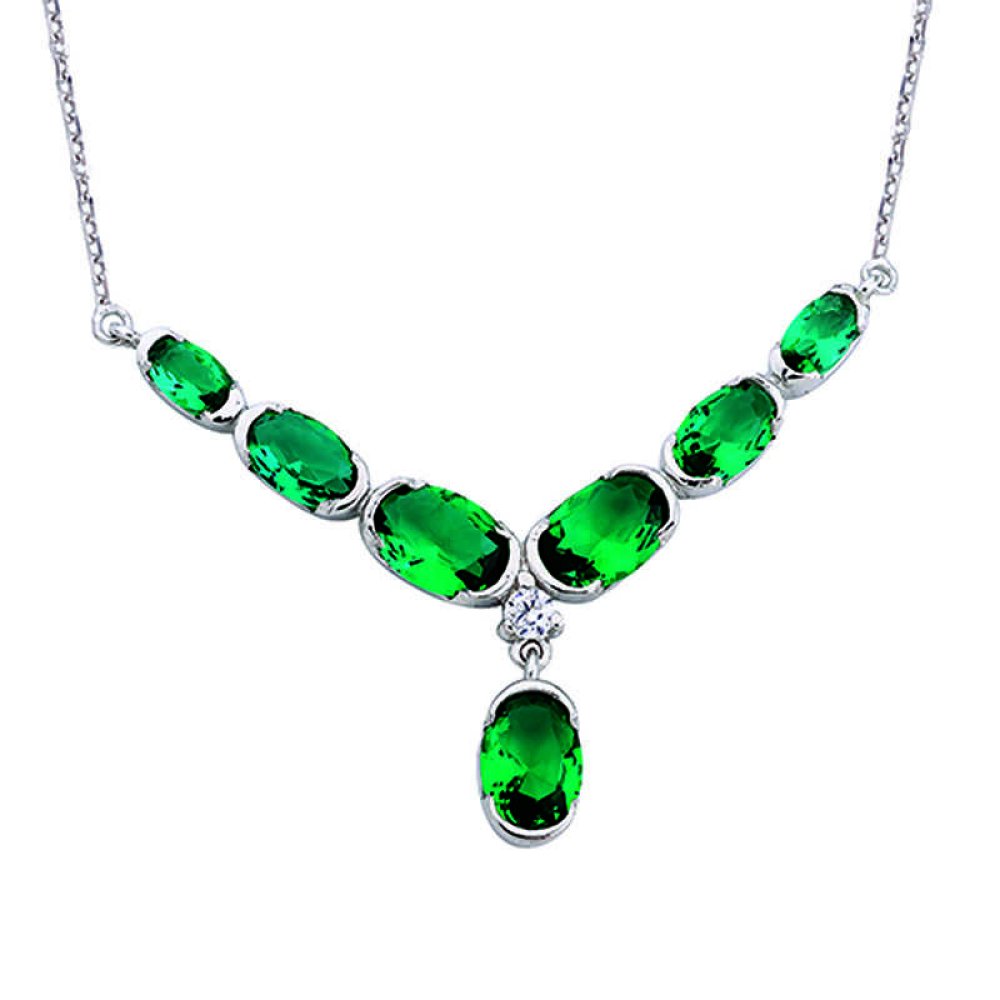 Oval Zümrüt Taşlı Alaturka Gümüş Kolye